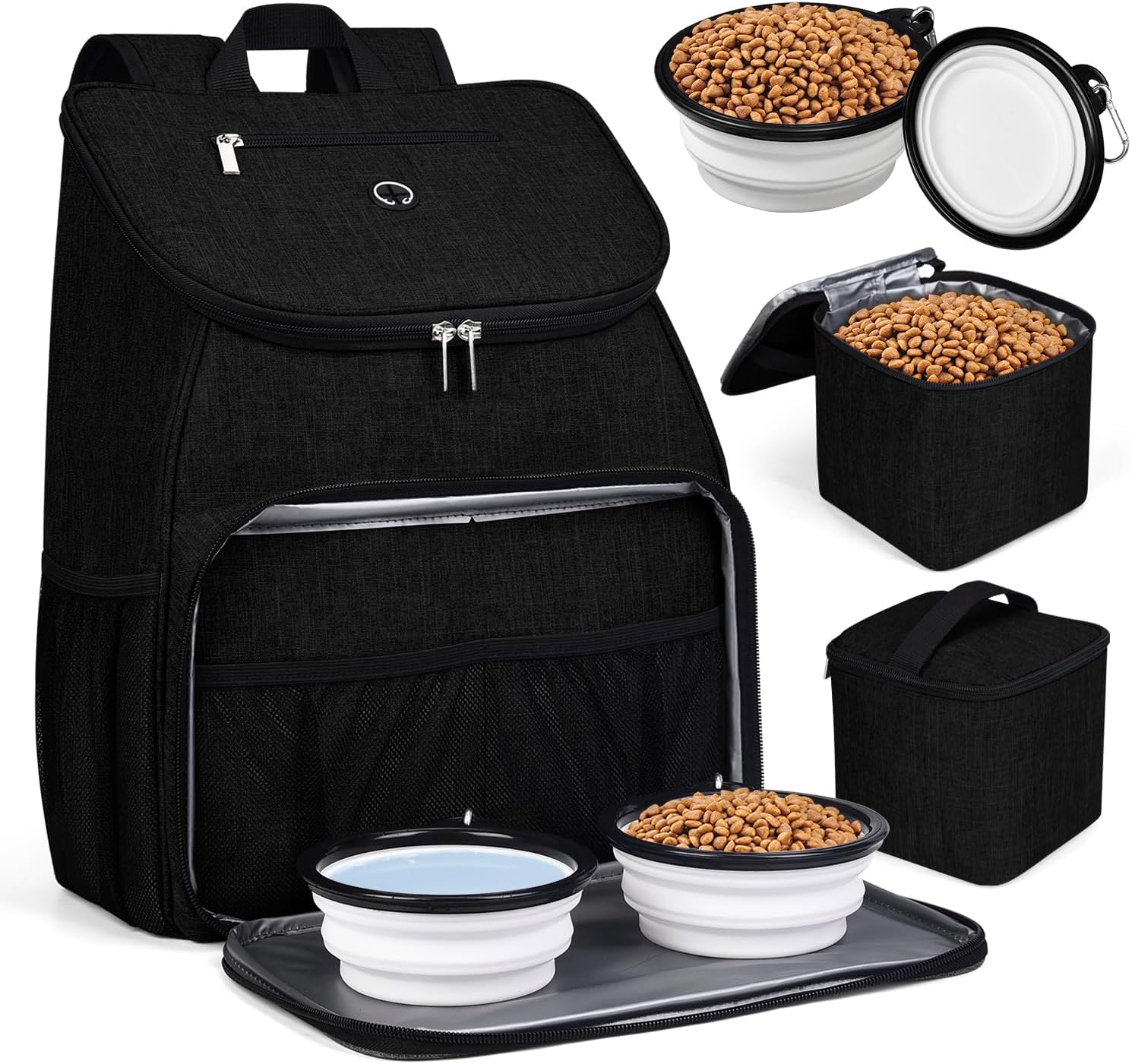 丨Dog Travel Bag, Airline Approved Pet Supplies Backpack, Dog Travel Backpack Accessories Set with 2 Silicone Collapsible Bowls and 2 Food Baskets. Black