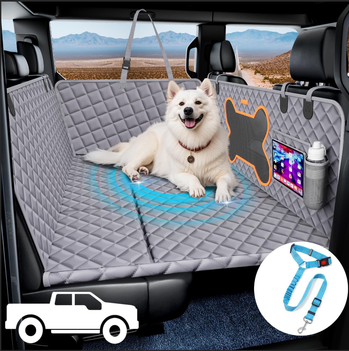 Dog Seat Cover for Trucks, Hard Bottom Dog Hammock Back Seat Extender Waterproof Truck Seat Protector for Dogs Back Seat（Gray）