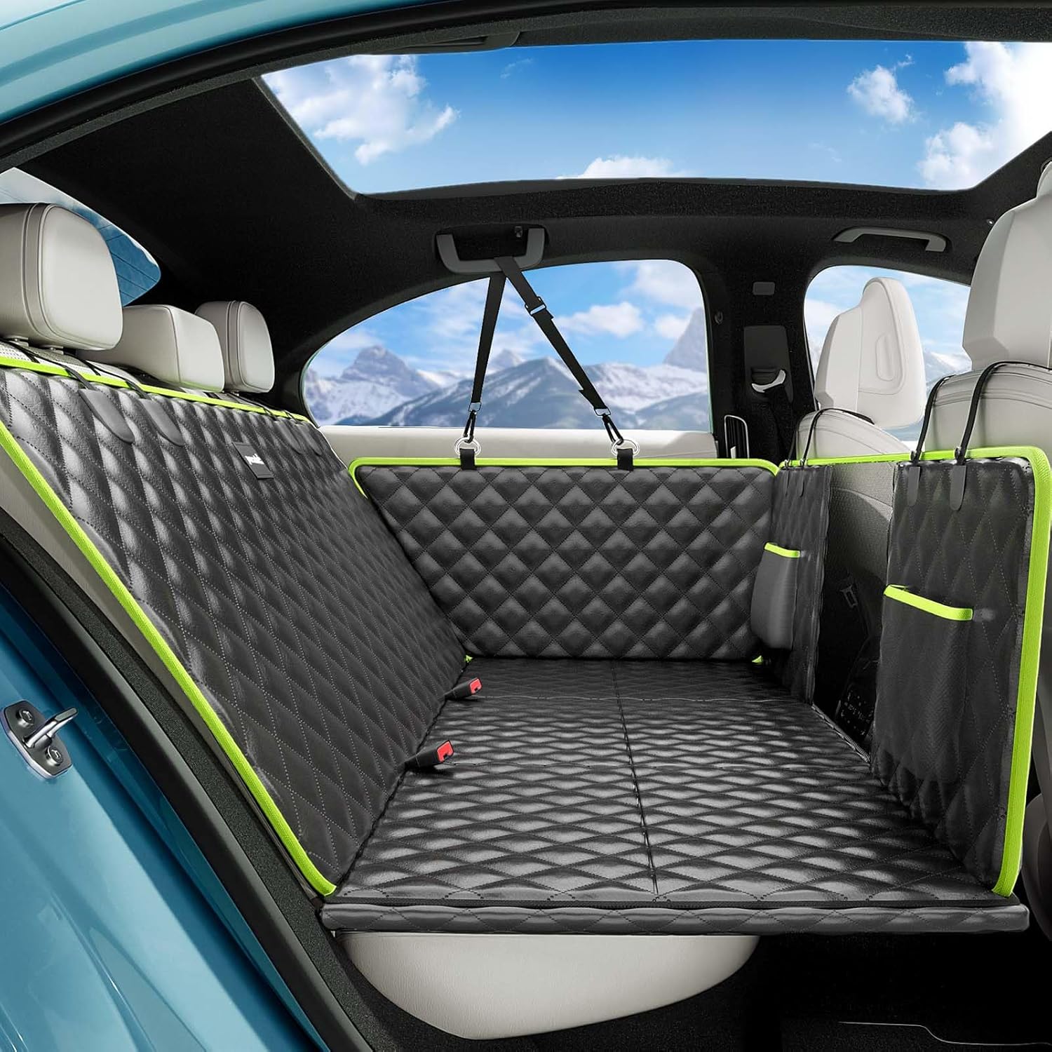 Dog Car Seat Cover for Back Seat, Back Seat Extender for Dogs 52.4 * 24.4in, Upgraded Sofa Leather, Foldable in The Car, Hard PVC Panels Bottom Support to 330 lbs, for Cars/Mid-Size SUV/Small Truck