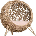 20.5" Weaved Cat Bed, Elevated Hand-Woven Braided Banana Leaf Kitten House Condo with Cushion, Beige
