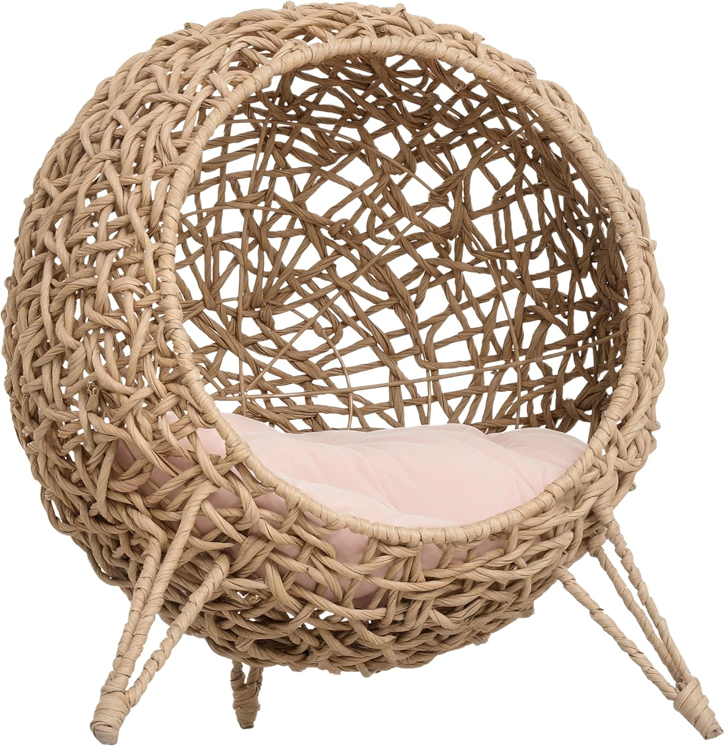 20.5" Weaved Cat Bed, Elevated Hand-Woven Braided Banana Leaf Kitten House Condo with Cushion, Beige