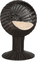 Elevated Cat Bed with Rotatable Egg Chair Pod, Cat Basket Bed with Thick Cushion, Natural Mat Grass Woven Kitty House, Coffee